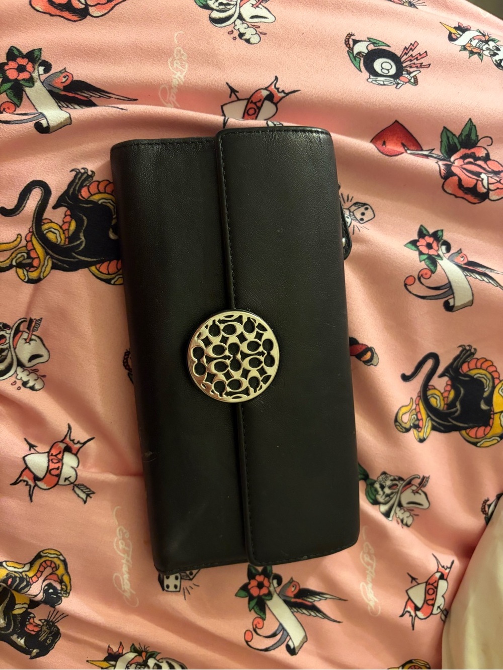 Coach Black Women's Trifold Wallet with Gold Medallion
